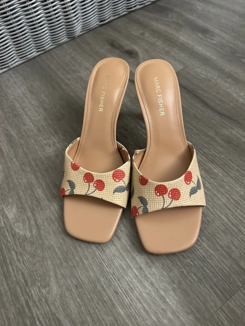 Marc Fisher Peach Slide Heels with Cherry Print - Picture 2 of 8